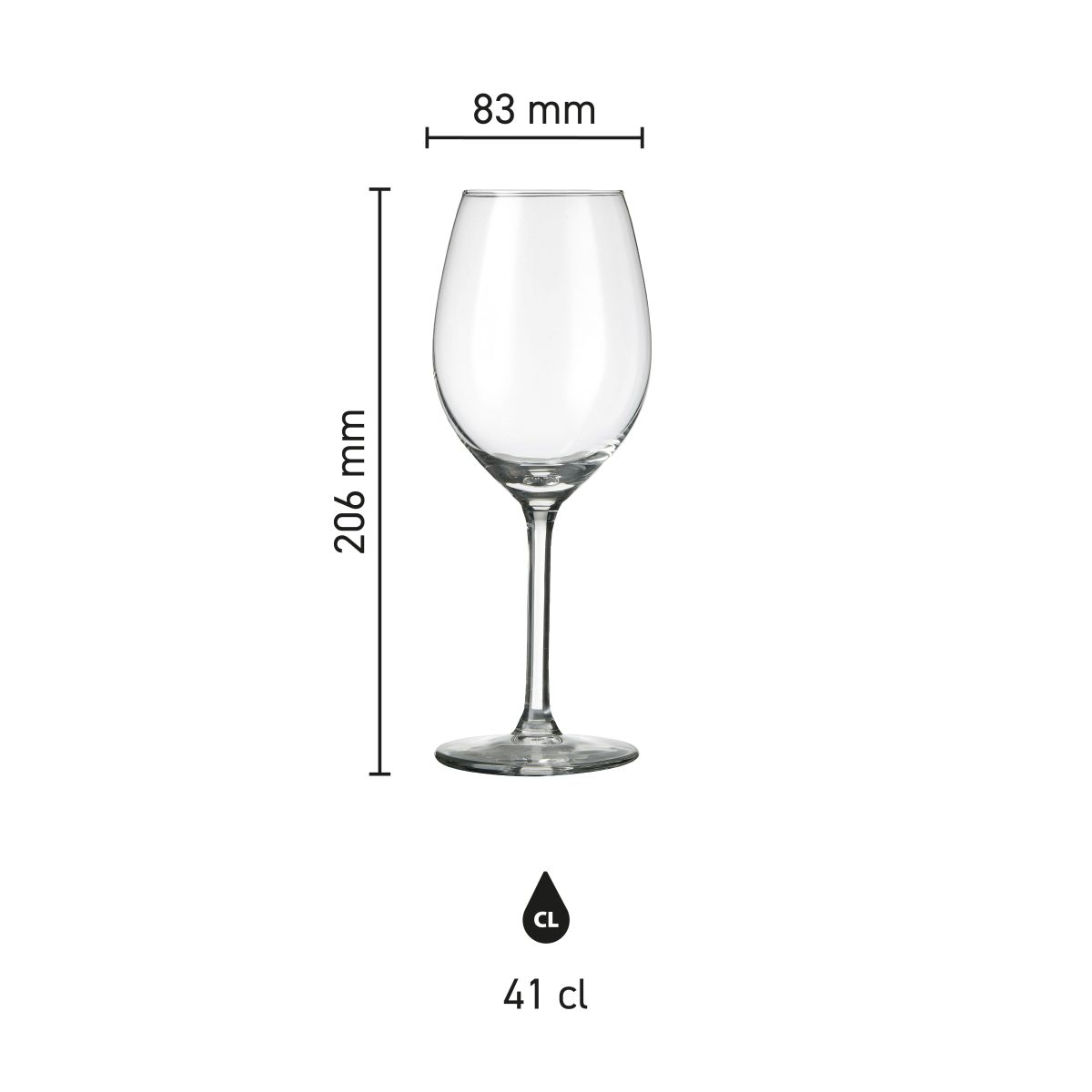Infographic van productafmetingen voor Esprit wijnglas 41 cl. in glas.