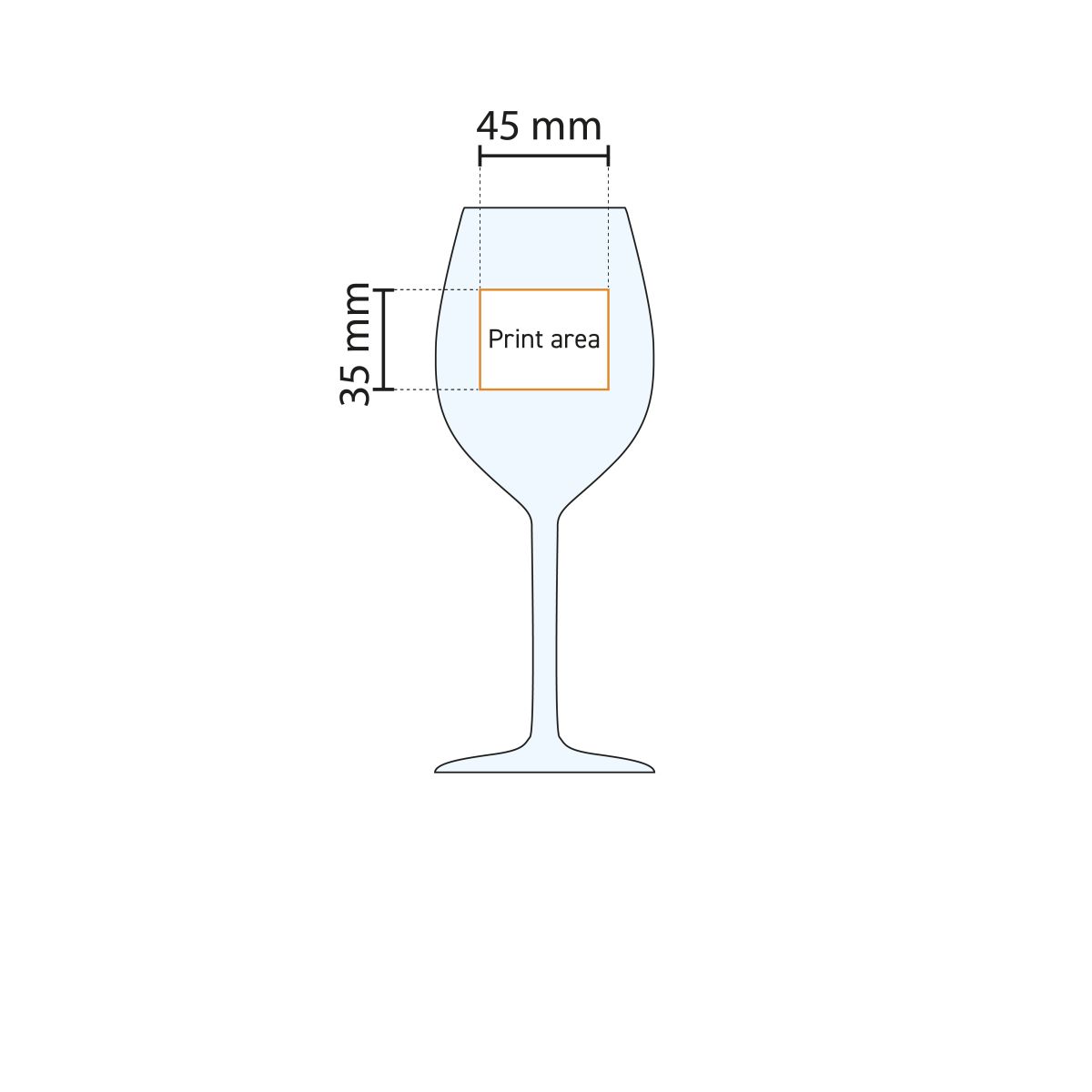 Technische werktekening met aanduiding van het drukgebied op het Esprit wijnglas 53 cl.