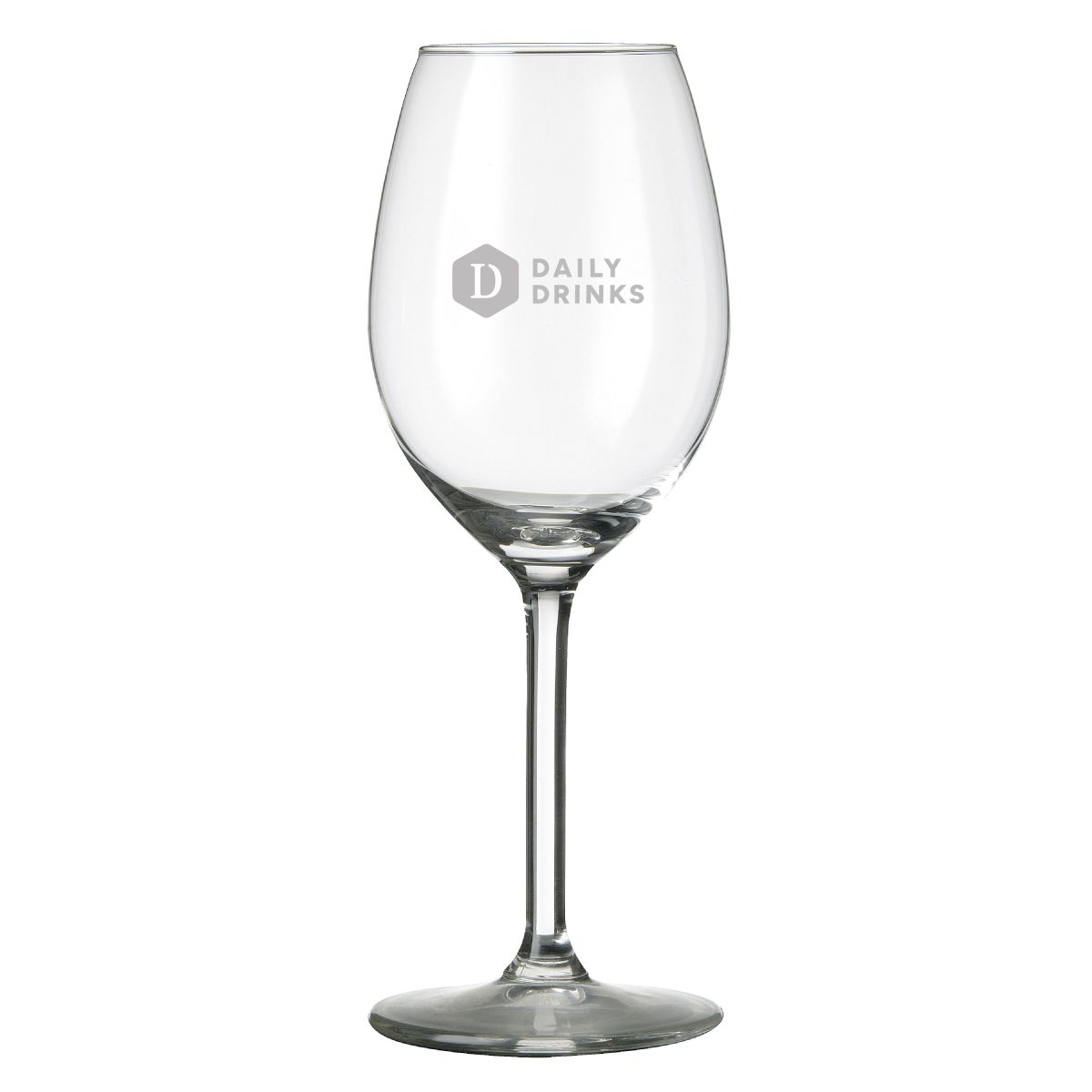 Gravure van het DailyDrinks-logo op het Esprit wijnglas 53 cl. zichtbaar op de voorkant.