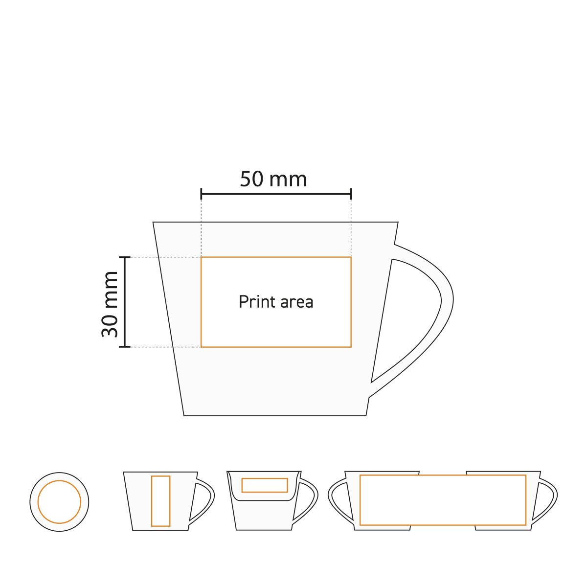 Technische werktekening met aanduiding van drukgebied op Eva Koffie 20 cl. SET porselein.