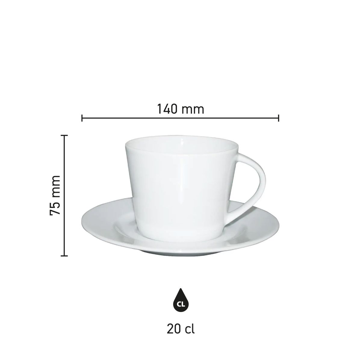 Infographic toont productafmetingen van de Eva Koffie SET 20 cl. in porseleinen uitvoering.