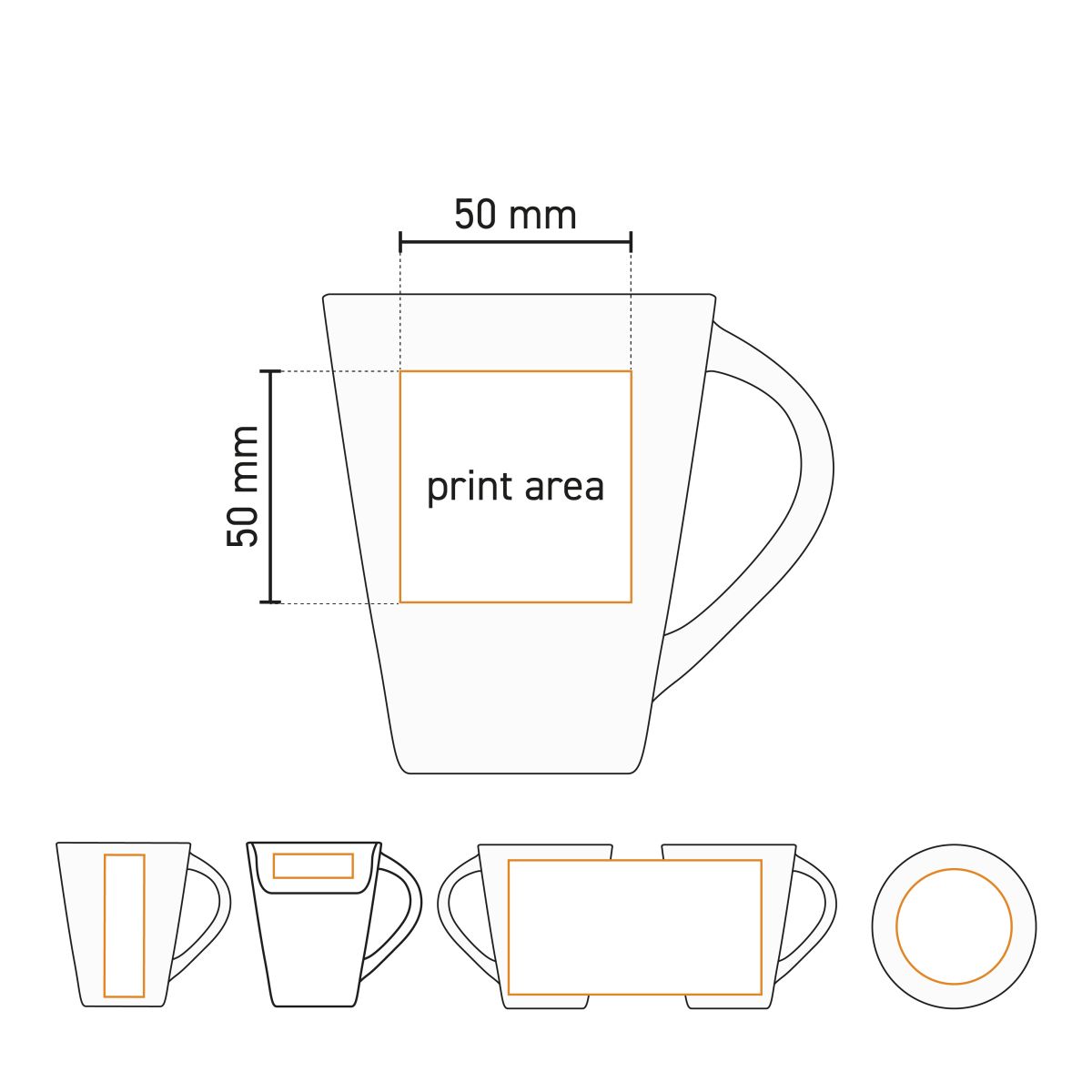 Werktekening van Eva mok wit 25 cl porselein met gemarkeerd drukgebied voor logo’s.