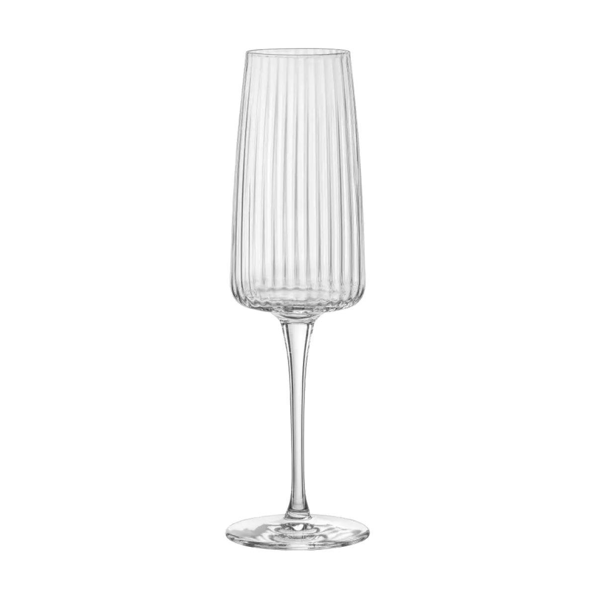 Slank Exclusiva Champagneglas 25,5 cl in frontaal aanzicht, met transparante kelk en hoge voet.