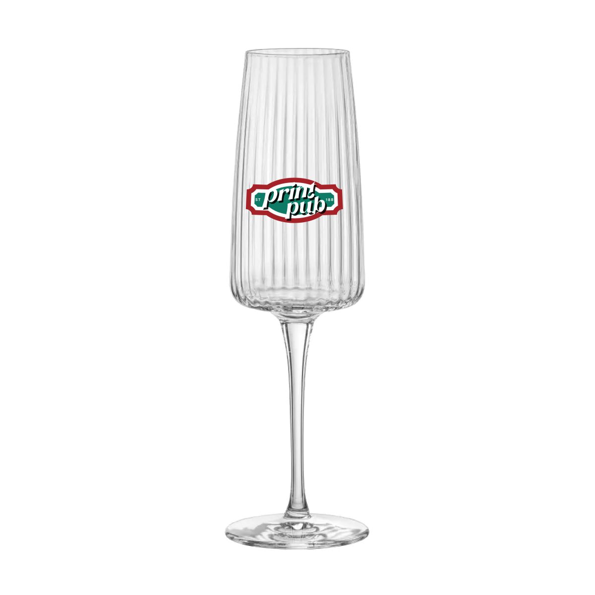Meerkleurig logo van PrintPub zichtbaar op de voorzijde van het champagneglas 25,5 cl.