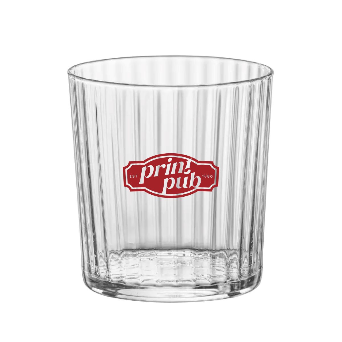 Tumblerglas 35,5 cl met éénkleurig PrintPub-logo op het vooraanzicht gedrukt.