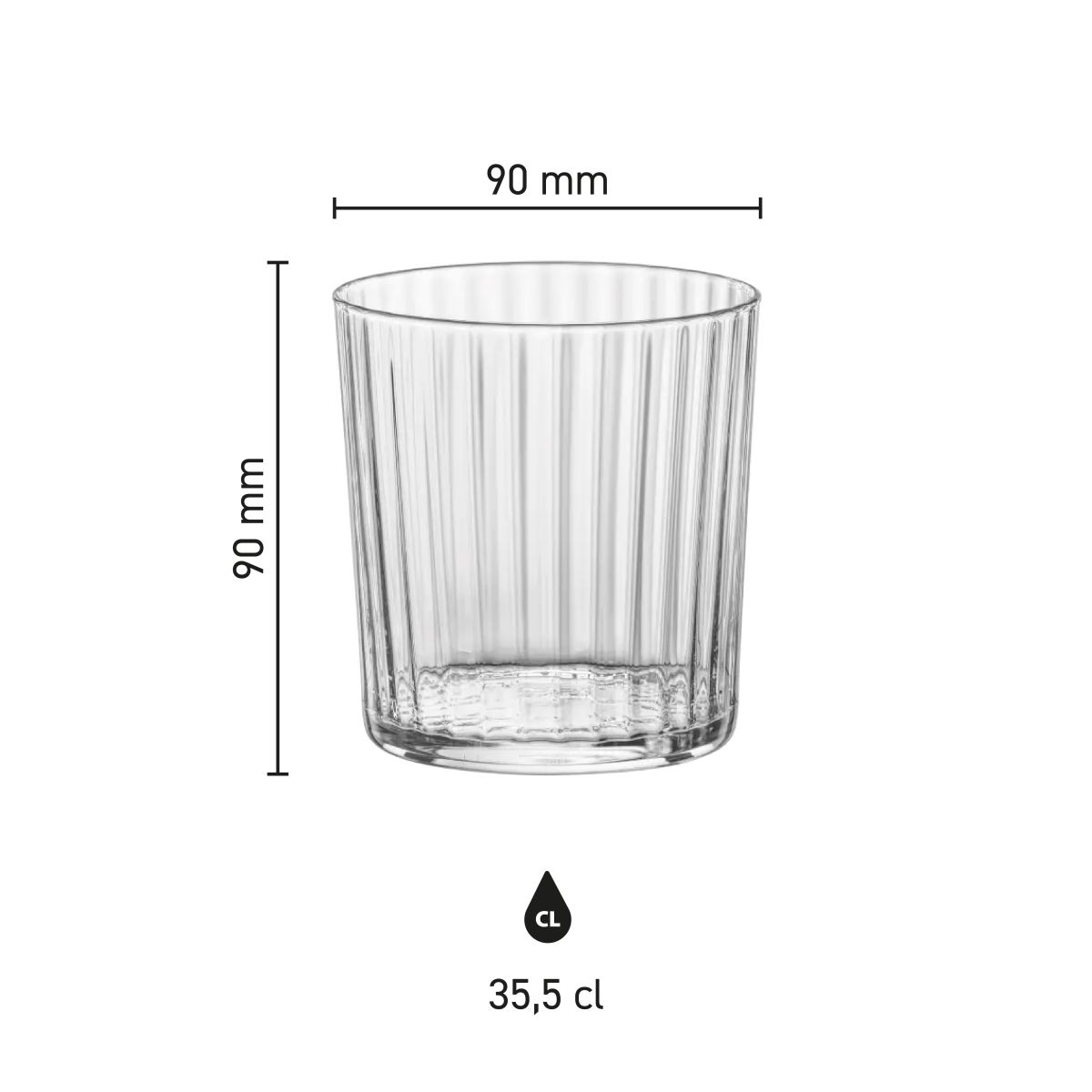 Infographic toont de productafmetingen van het Exclusiva Tumbler glas 35,5 cl.