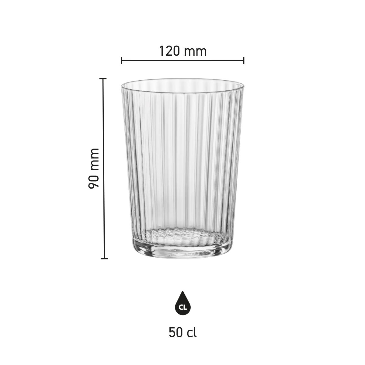 Infographic toont de productafmetingen van het Exclusiva Tumbler glas 50 cl.