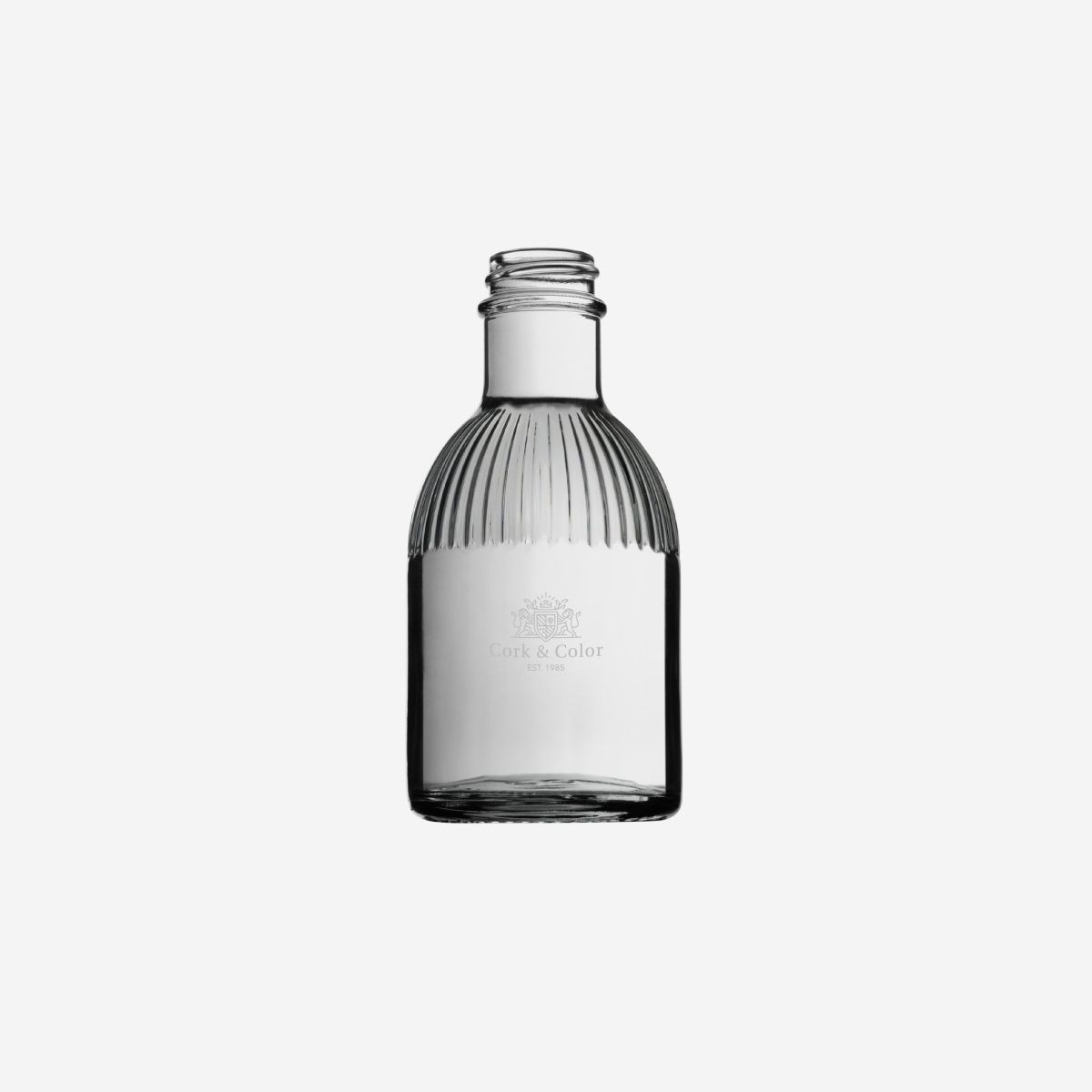 Fles Florence 0,2 liter glas met gegraveerd CorkColor logo op voorzijde, verfijnd verwerkt in het glasoppervlak.