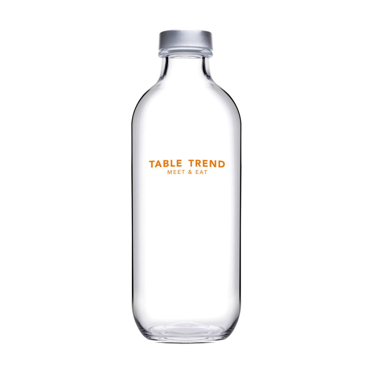 Voorkant van de fles bedrukt met TableTrend-logo in één kleur.