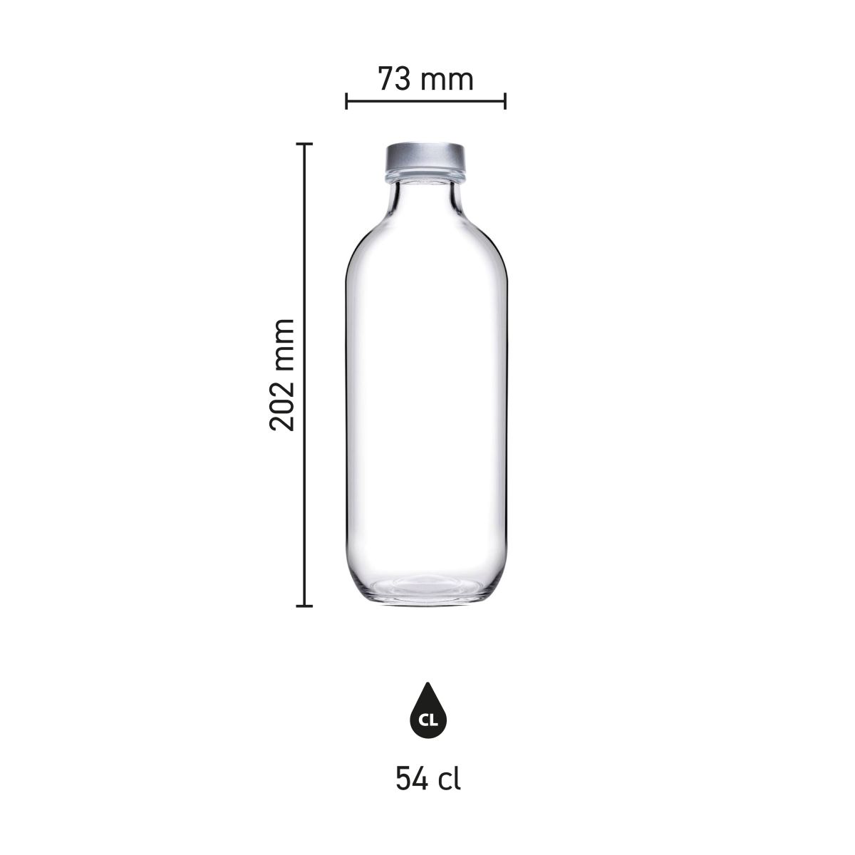 Infographic toont productafmetingen van de glazen Fles Iconic 0,54 liter met dop.