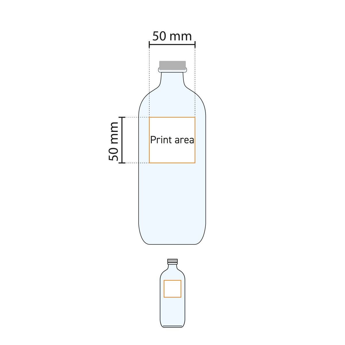Technische werktekening van het drukgebied op de fles Iconic 1,1 liter met logopositie en afmetingen.