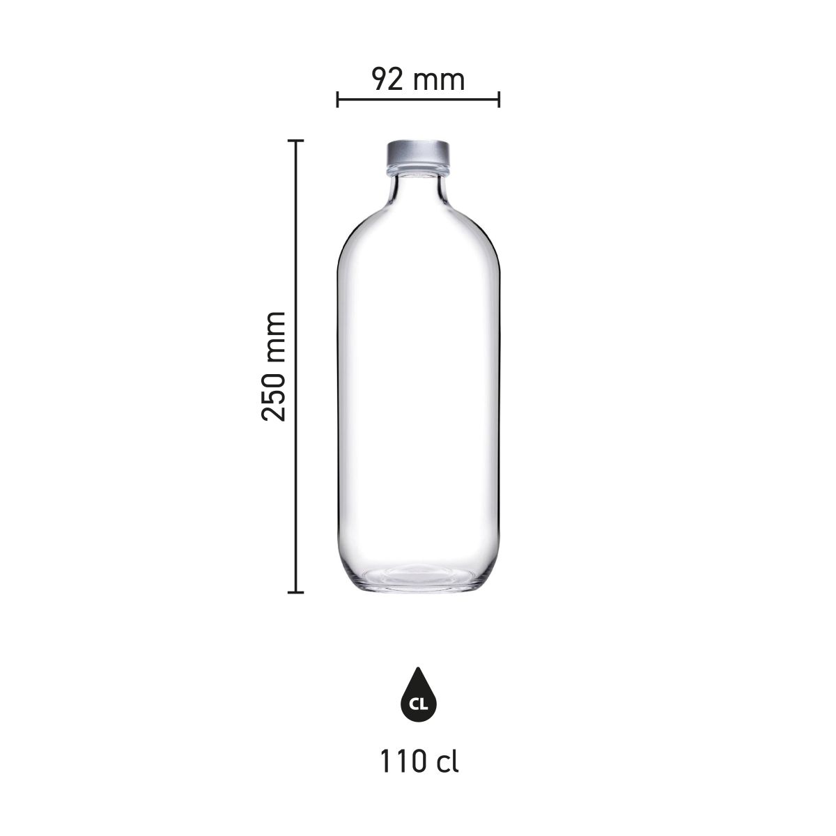 Infographic toont hoogte, diameter en inhoud van de glazen fles Iconic 1,1 liter met schroefdop.