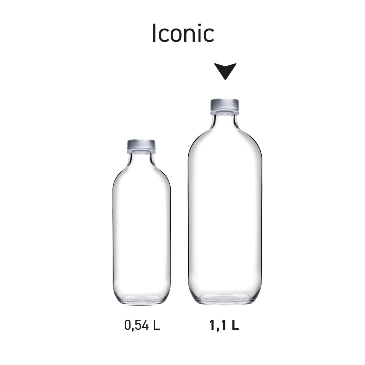 Meerdere transparante flessen Iconic met zilverkleurige dop naast elkaar gepresenteerd in seriebeeld.
