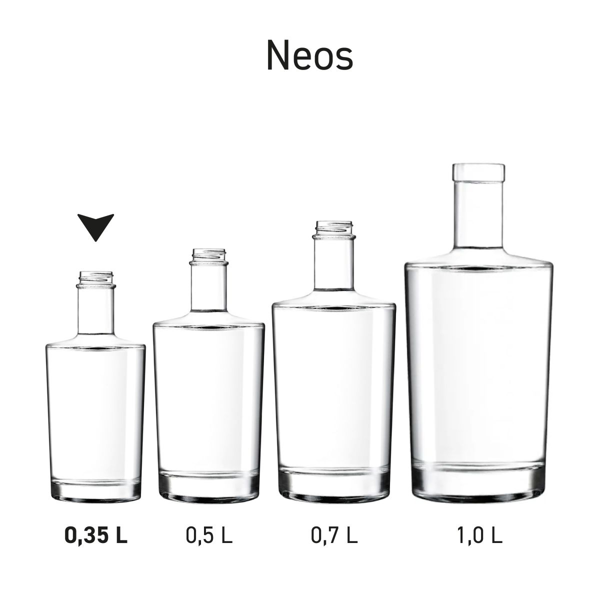 Serie Neos flessen gepresenteerd in meerdere maten als onderdeel van de Neos-serie.