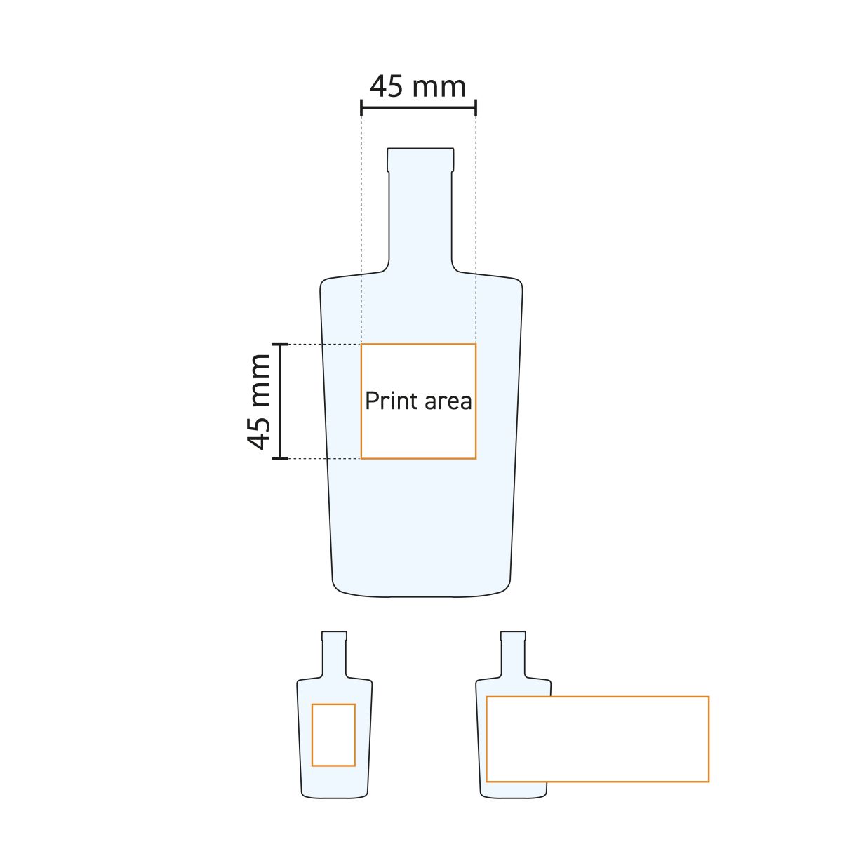 Technische werktekening toont drukgebied van de Fles Neos 0,35 liter glas.