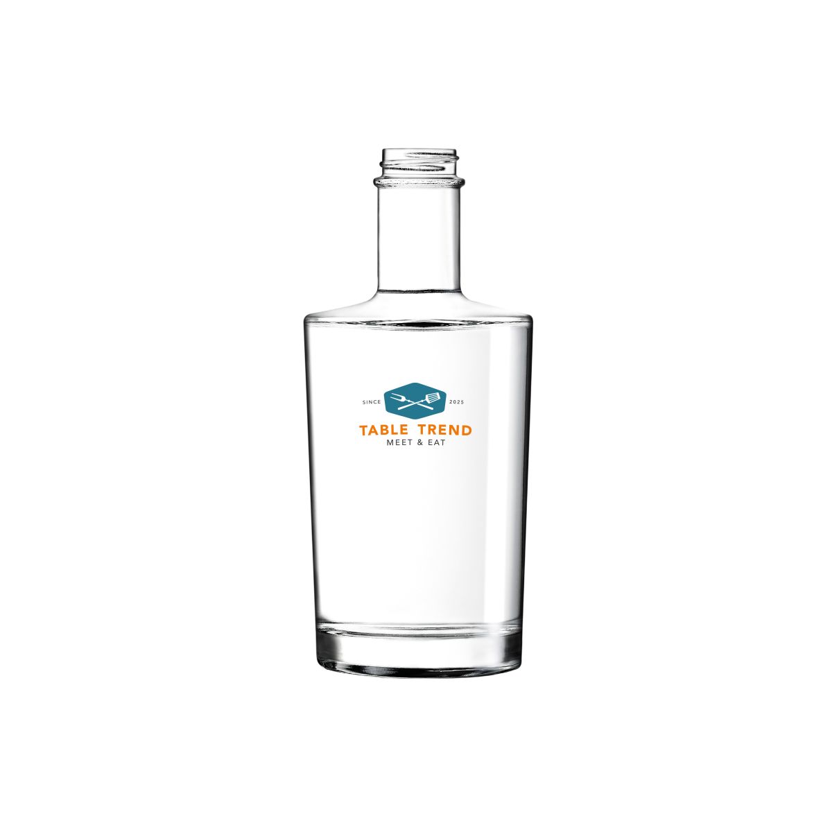Fles Neos 0,35 liter van glas met meerkleurig TableTrend-logo op het vooraanzicht.