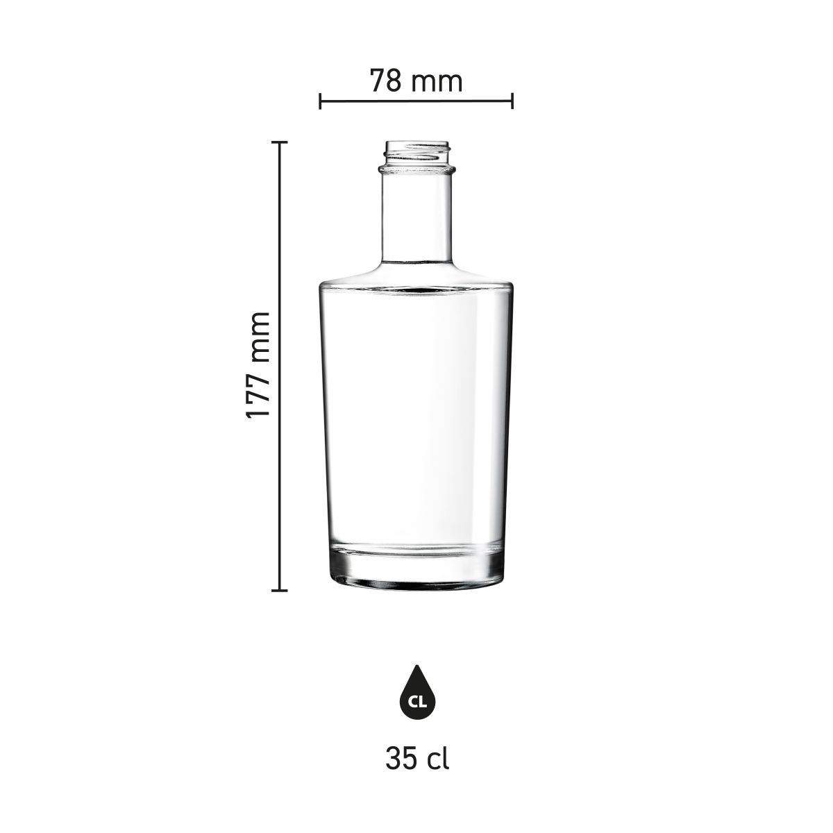 Infographic met productafmetingen van de Fles Neos 0,35 liter glas.