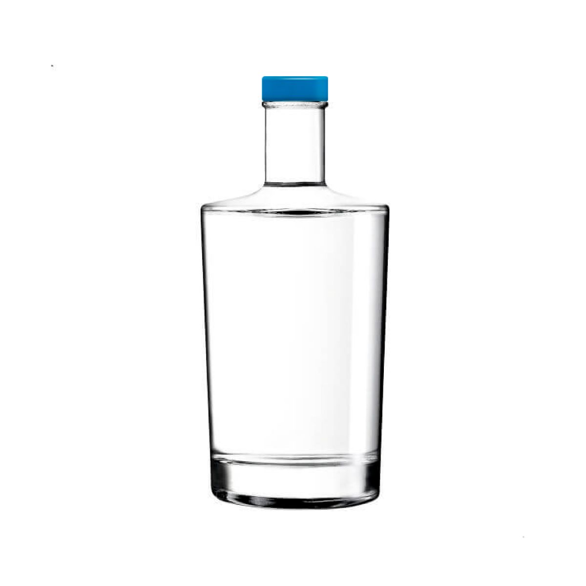 Glazen Fles Neos 0,5 liter met blauwe dop in recht vooraanzicht, transparant en eenvoudig vormgegeven.