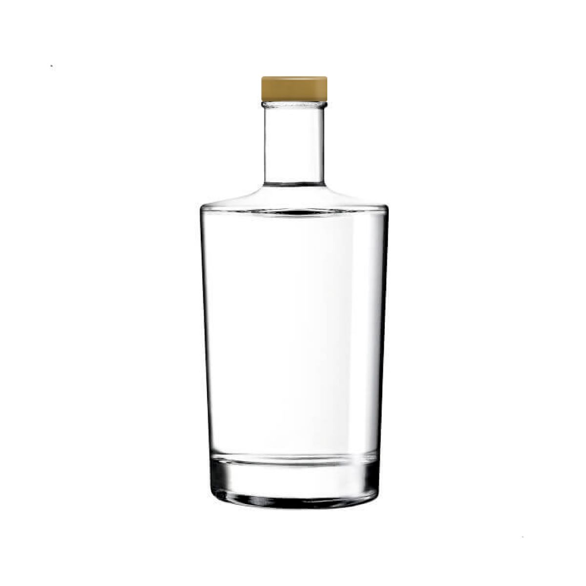Glazen Fles Neos 0,5 liter met gouden dop in recht vooraanzicht, transparant en eenvoudig vormgegeven.