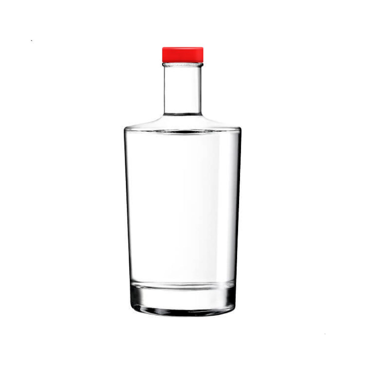 Glazen Fles Neos 0,5 liter met rode dop in recht vooraanzicht, transparant en eenvoudig vormgegeven.