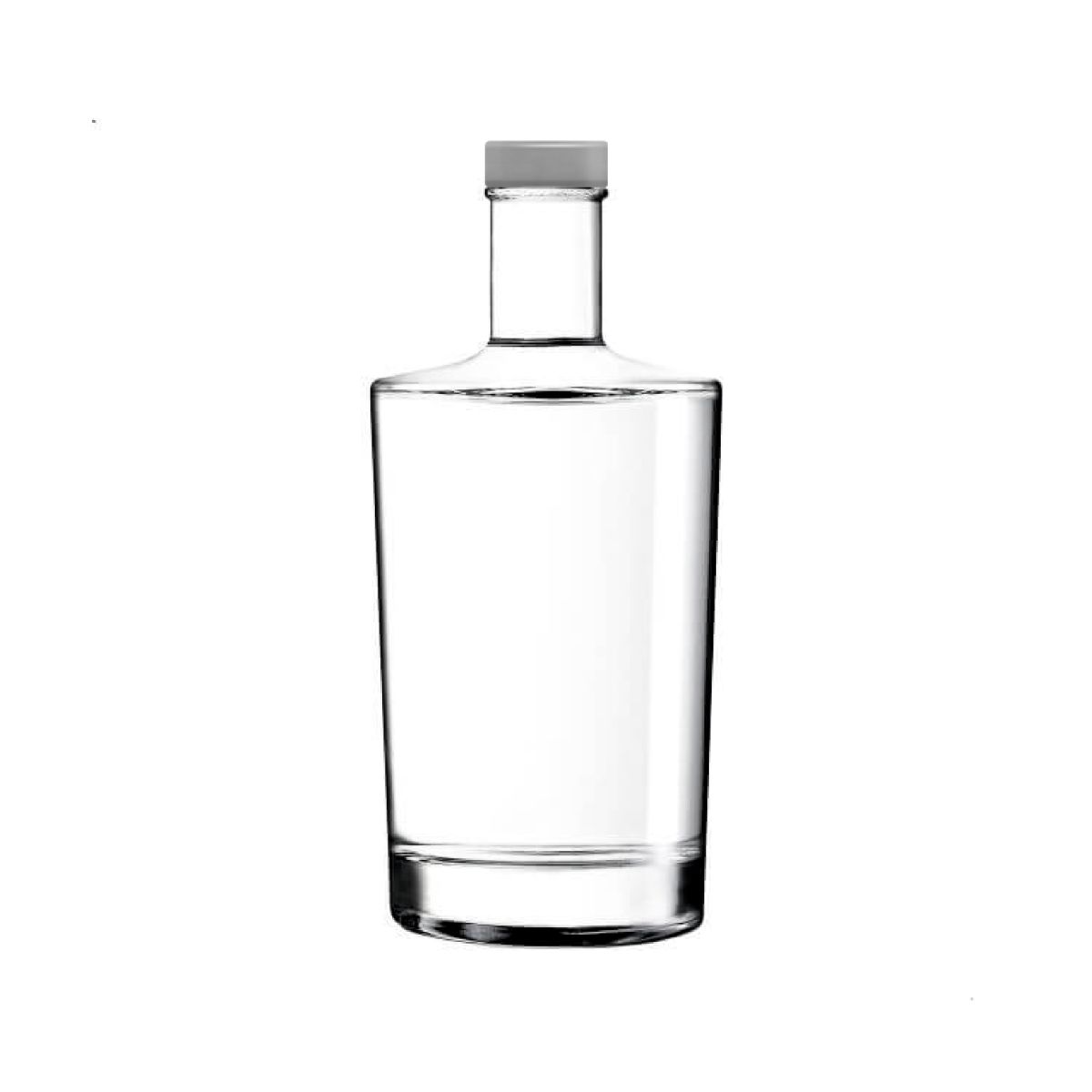 Glazen Fles Neos 0,5 liter met zilveren dop in recht vooraanzicht, transparant en eenvoudig vormgegeven.