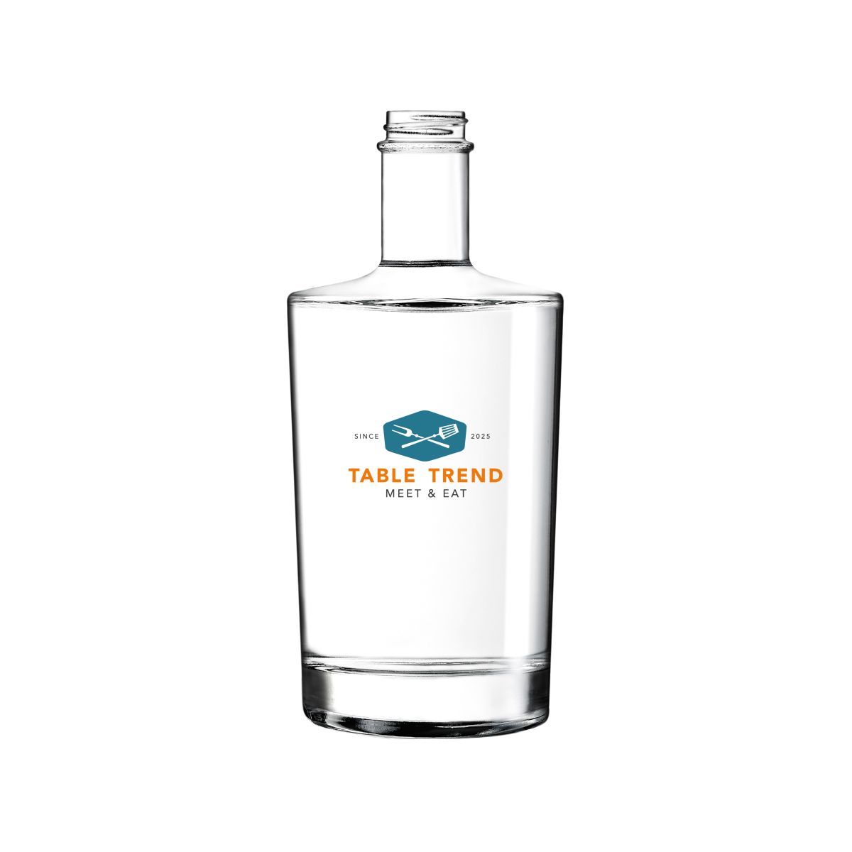 Fles Neos 0,5 liter met meerkleurige bedrukking van TableTrend-logo op de voorkant.