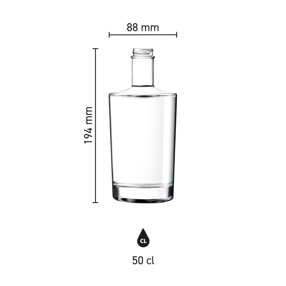 Infographic toont de productafmetingen van de glazen Fles Neos 0,5 liter.