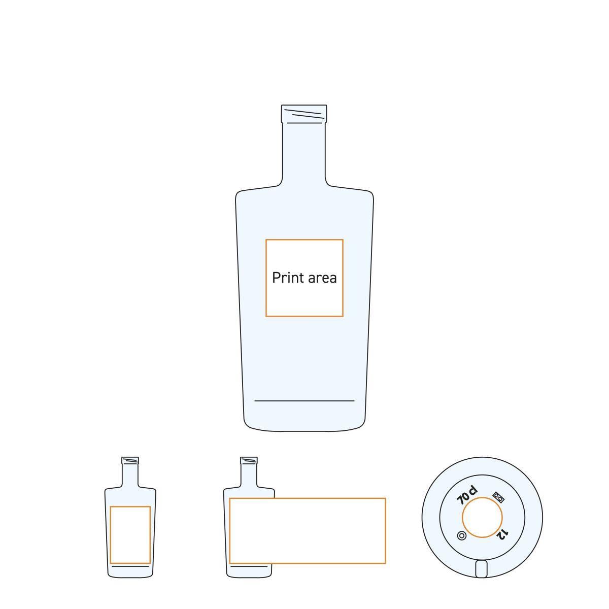 Aanduiding van het drukvlak op de Neos fles 0,7 liter glas met kurksluiting in werktekening.