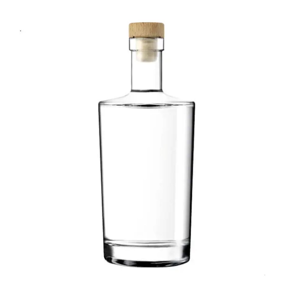 Glazen fles Neos 0,7 liter met houten kurksluiting in recht vooraanzicht, transparant en cilindervormig.