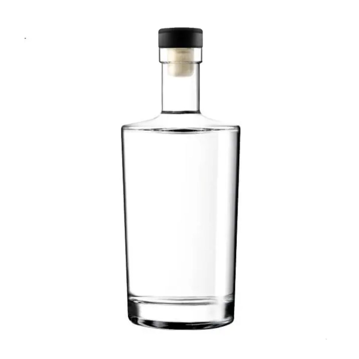 Glazen fles Neos 0,7 liter met zwarte kurksluiting in recht vooraanzicht, transparant en cilindervormig.
