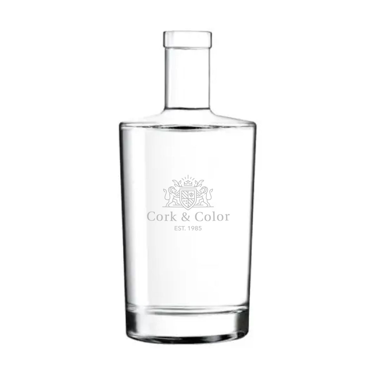 Voorzijde van Neos fles 0,7 liter kurk met subtiele PrintPub-logo gravure in het glasoppervlak.