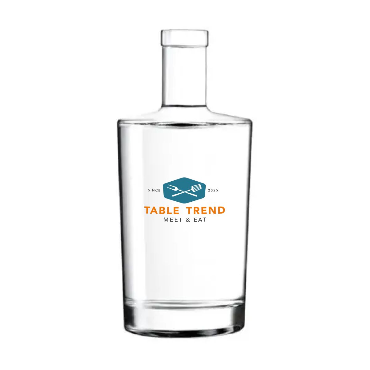 Neos fles 0,7 liter kurk met meerkleurig logo van TableTrend, gecentreerd op het glazen voorvlak.