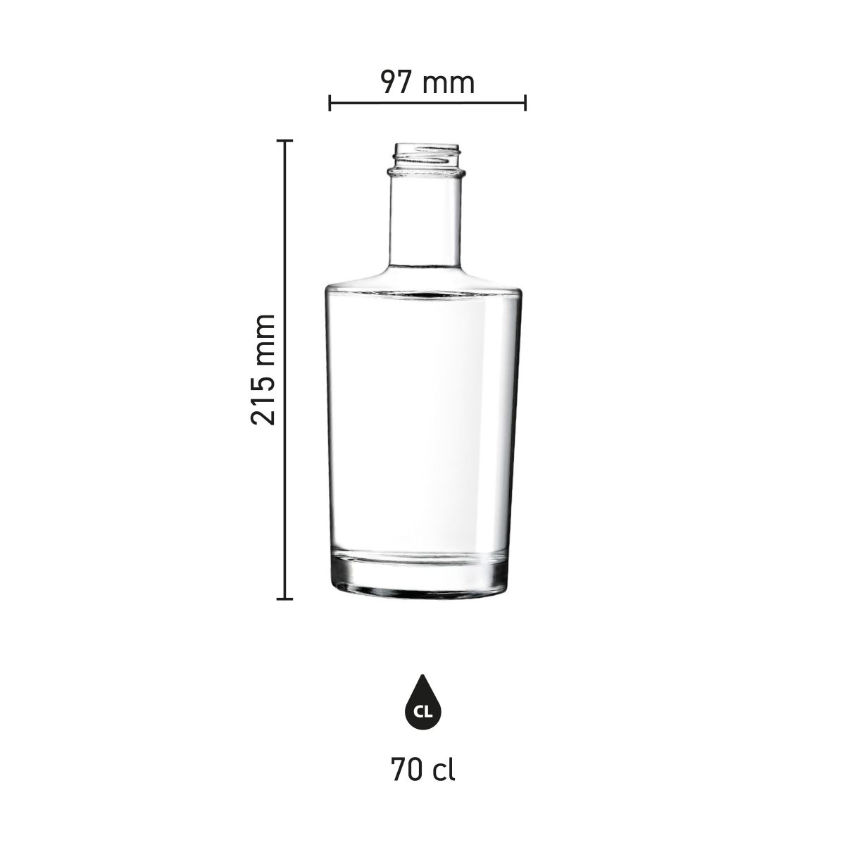 Infografiek toont gedetailleerde productafmetingen van de Neos fles 0,7 liter kurk glas.