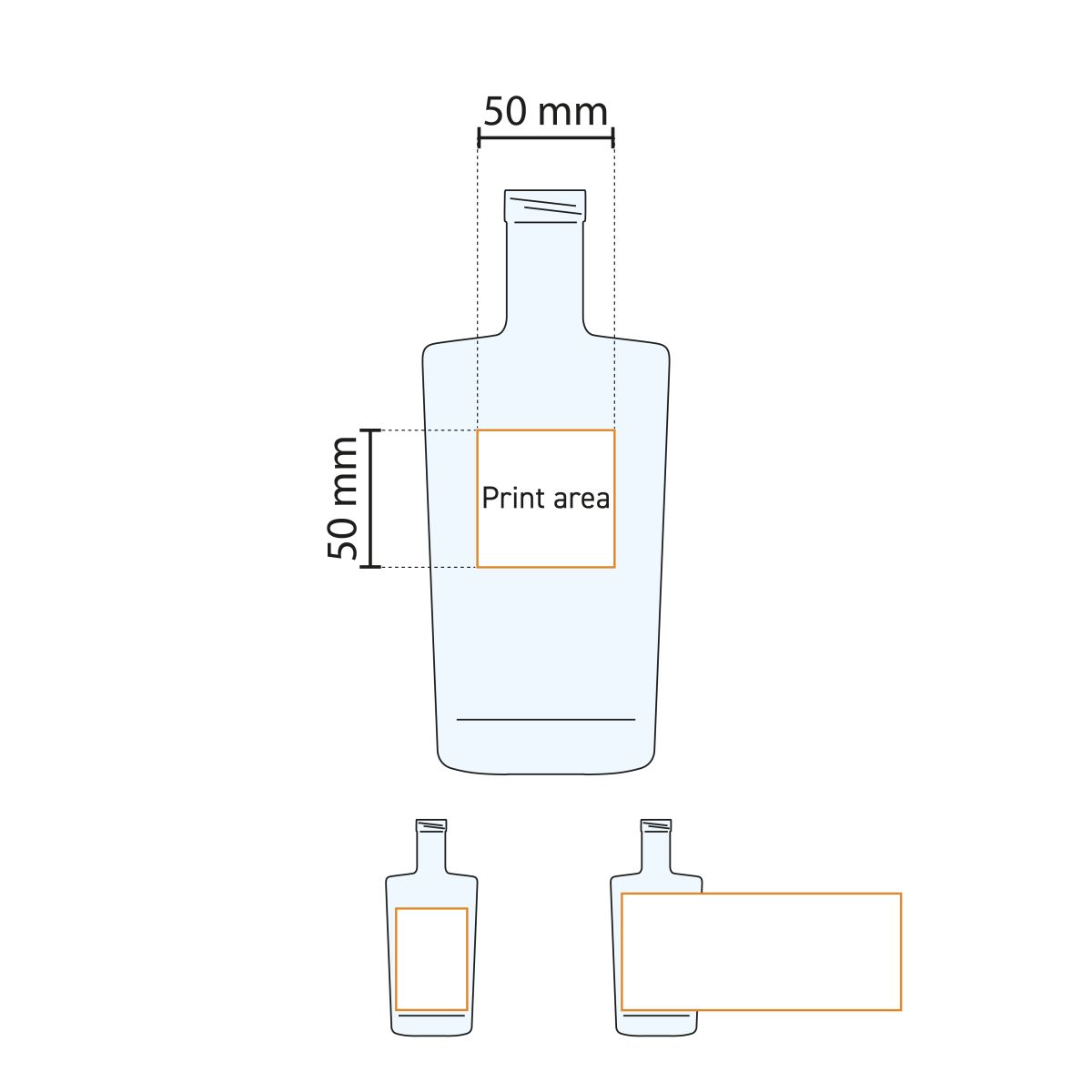 Technische werktekening toont het drukgebied op de Fles Neos 0,7 liter glas.