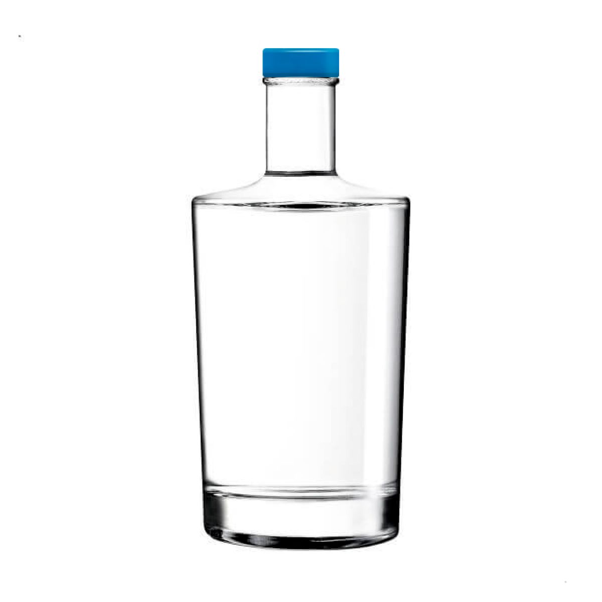 Fles Neos 0,7 liter in glas met rechte vorm en lange hals, weergegeven in vooraanzicht met blauwe dop.