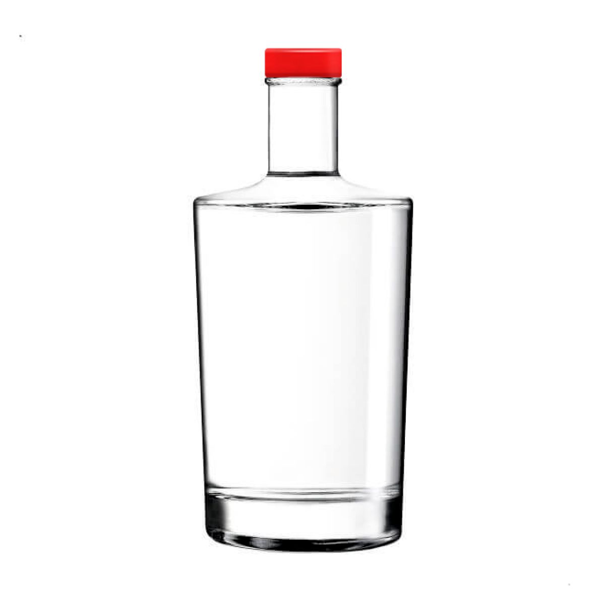 Fles Neos 0,7 liter in glas met rechte vorm en lange hals, weergegeven in vooraanzicht met rode dop.