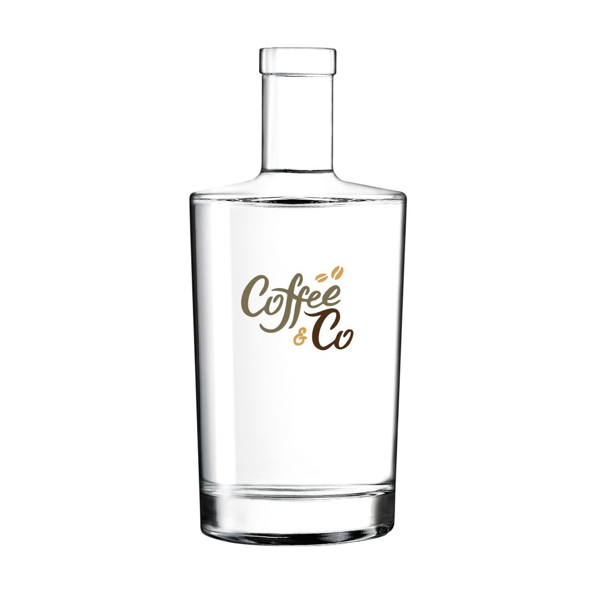 Glazen fles 0,7 liter met meerkleurig CoffeeCo-logo op de voorkant bedrukt.