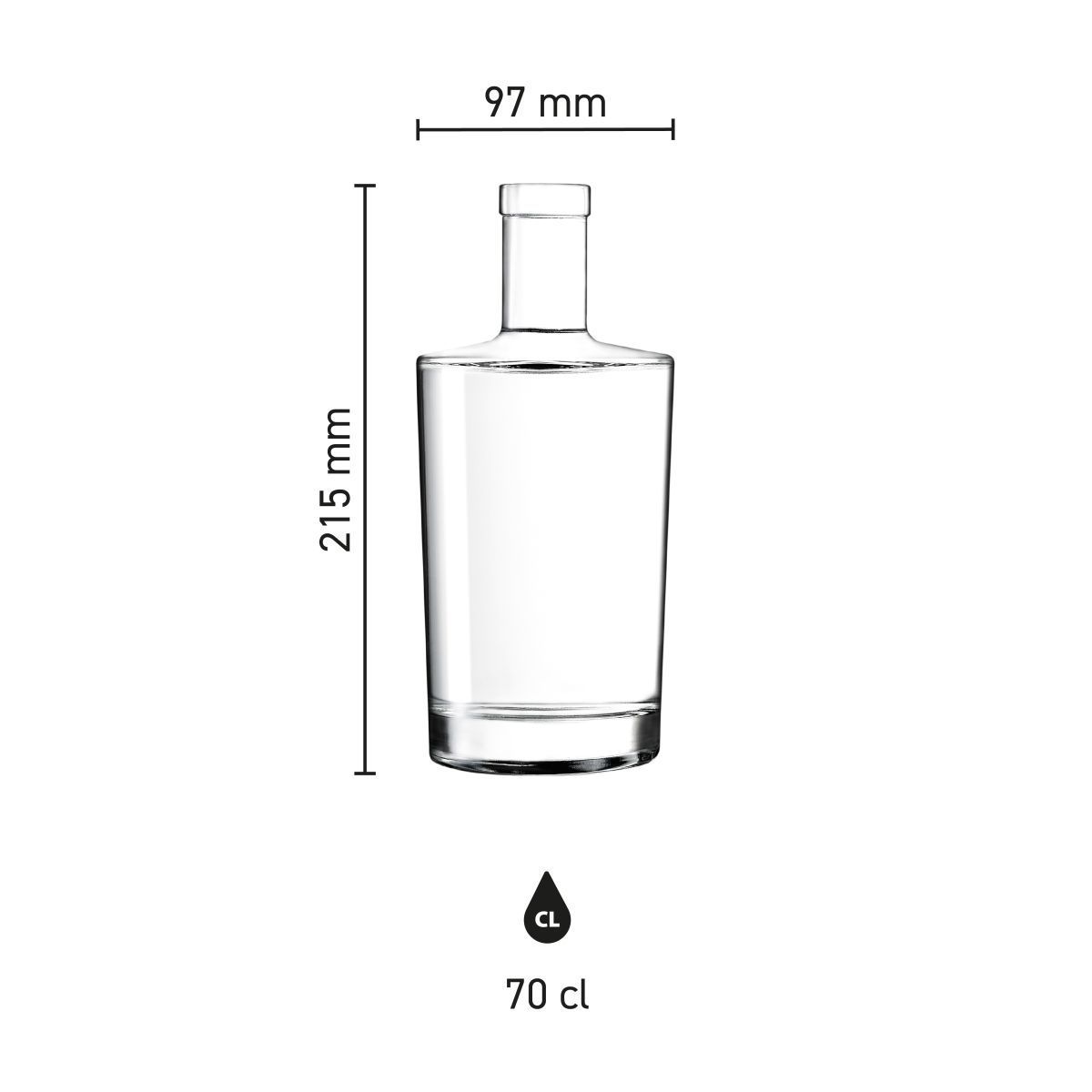 Infographic toont de productafmetingen van de glazen Fles Neos 0,7 liter.