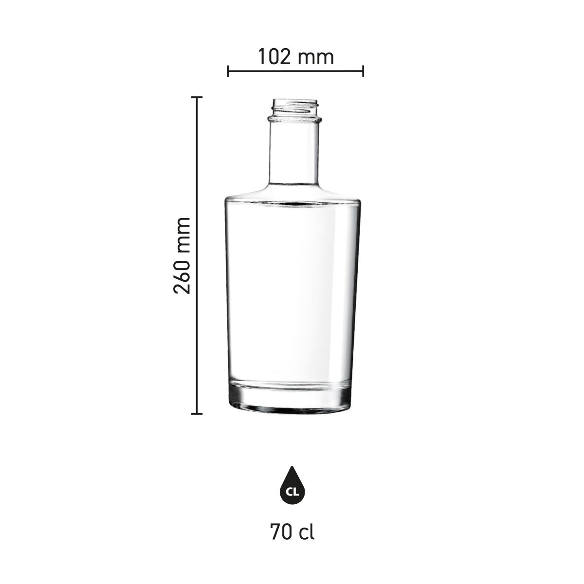 Maten en afmetingen van de Neos fles 1,0 liter met kurk weergegeven in een infographic.