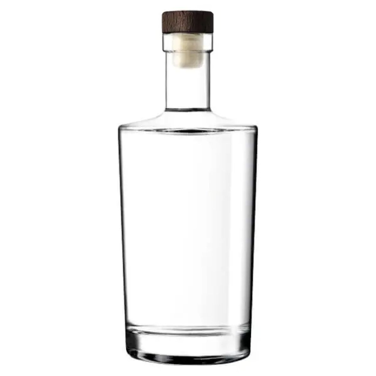 Glazen fles Neos 1,0 liter met donkerhouten kurksluiting in recht vooraanzicht, gemaakt van helder glas.