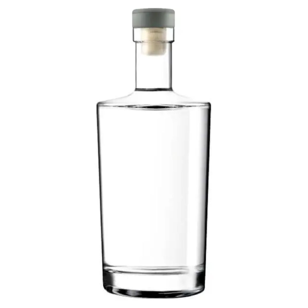 Glazen fles Neos 1,0 liter met zilveren kurksluiting in recht vooraanzicht, gemaakt van helder glas.