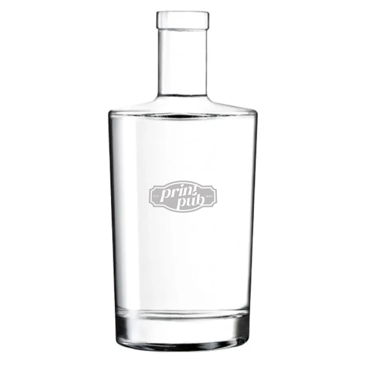 Gravure van PrintPub-logo op voorzijde van Neos fles 1,0 liter van glas met kurksluiting.