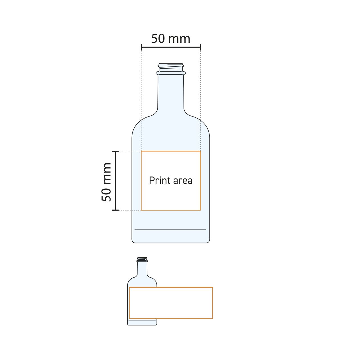 Technische werktekening van Fles Oslo 0,2 liter met drukgebied gemarkeerd.