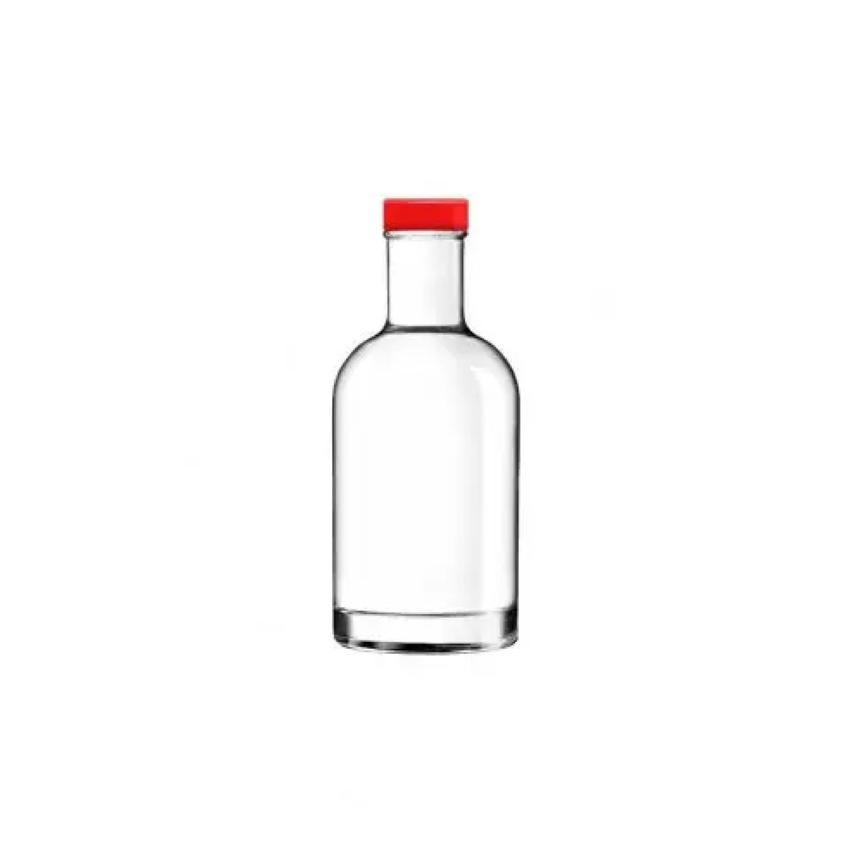 Heldere glazen fles Oslo 0,2 liter met rode dop van voren gefotografeerd, zonder bedrukking.