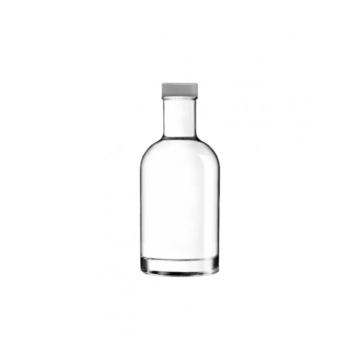 Heldere glazen fles Oslo 0,2 liter met zilveren dop van voren gefotografeerd, zonder bedrukking.
