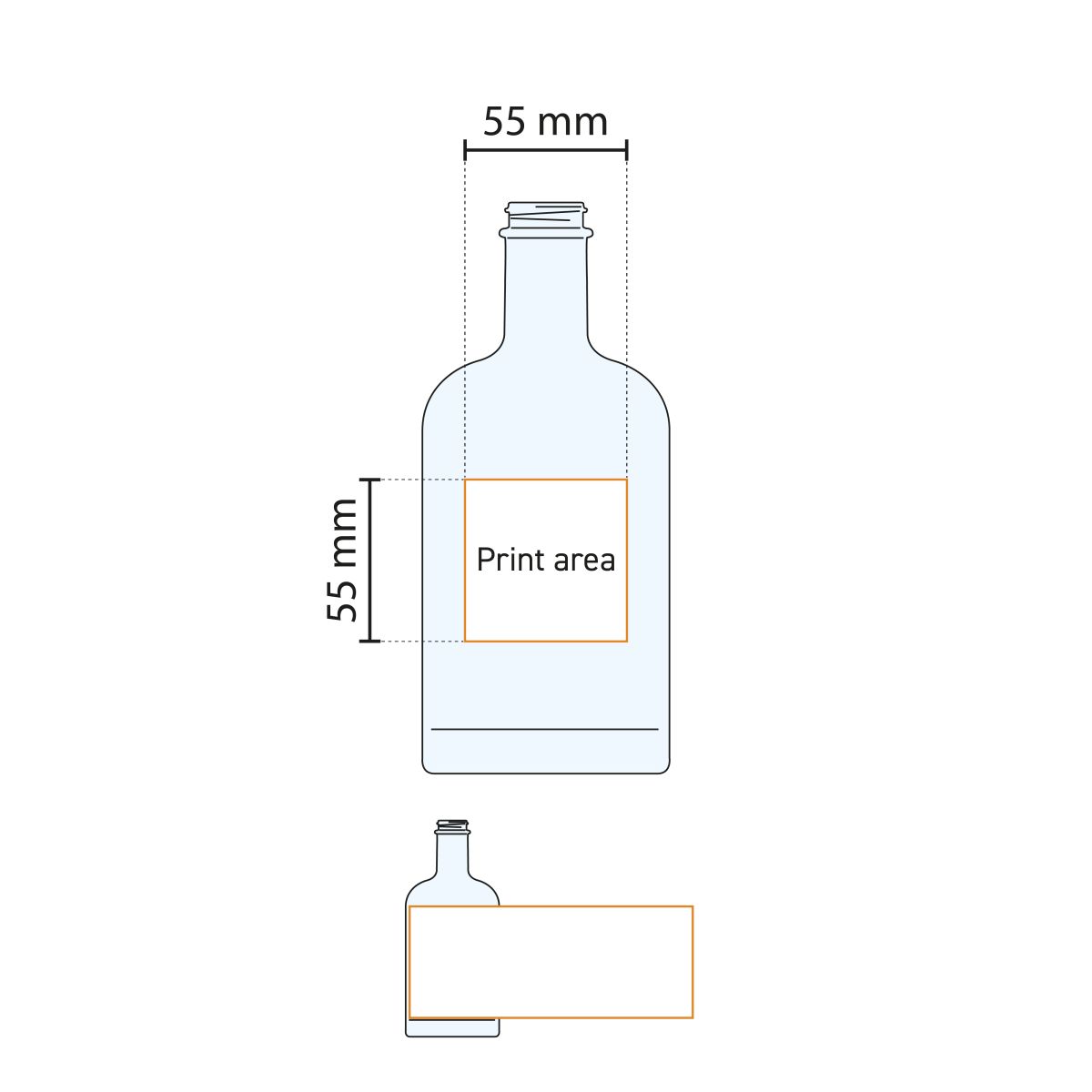 Technische werktekening van Fles Oslo 0,5 liter met aanduiding van drukgebied.