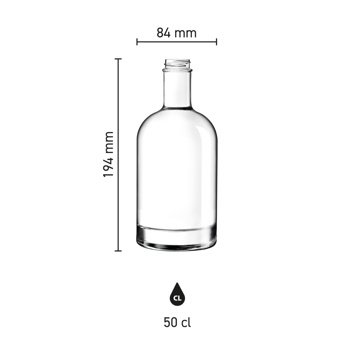 Infographic toont hoogte en diameter van glazen fles Oslo 0,5 liter in schaalweergave.