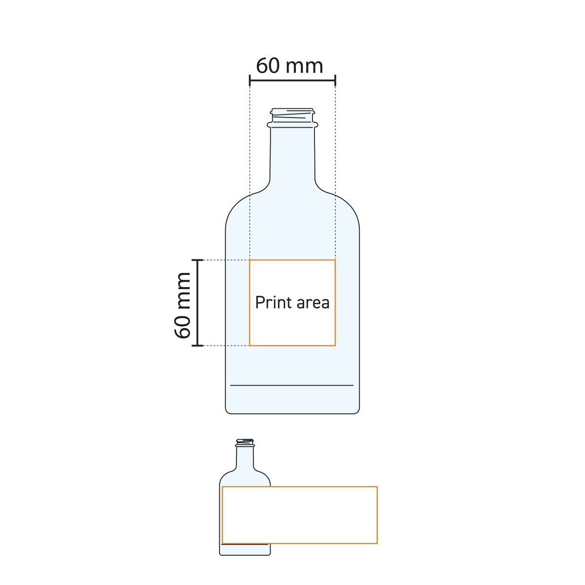 Drukgebied weergegeven op werktekening van Fles Oslo 0,7 liter glas.