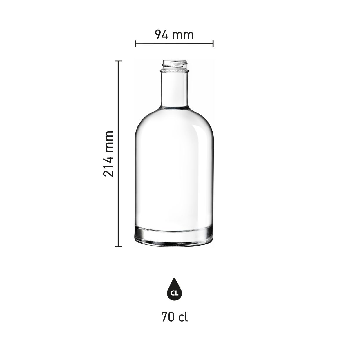 Infographic toont afmetingen van Fles Oslo 0,7 liter glas.
