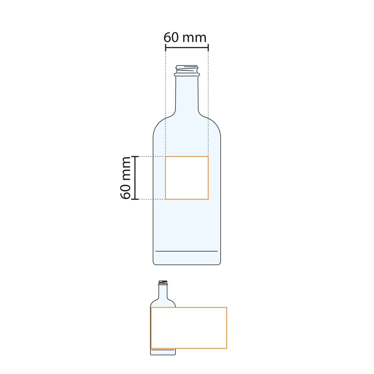 Technische werktekening toont drukgebied van Fles Oslo 1,0 liter voor bedrukking.